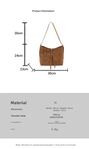 Detailed size guide for brown PU tote bag with dimensions and strap length info