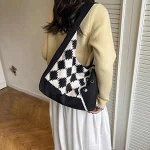 Chic black and white checkerboard canvas hobo bag with cute black cat cartoon design