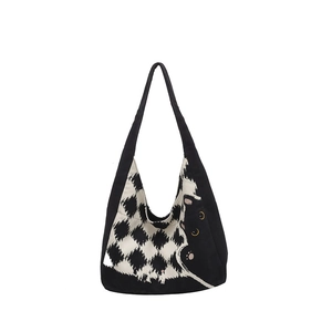 Stylish black and white checkered canvas tote bag with cute black cat illustration