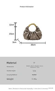 Detail specifications of dark brown pleated cloud bag with gold ring handle and dimensions