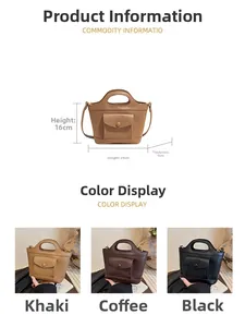 Detailed size guide and color options for the vintage PU leather crossbody bucket bag