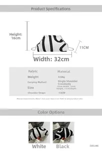 Size specifications for striped fabric shell bag with dimensions 32x16x11cm and chain strap