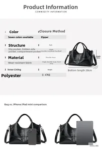 Detailed view of black multi-compartment leather bag dimensions with interior pocket layout