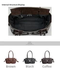 Detail of vintage PU leather tote showing spacious interior and three available colors