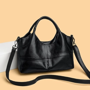 Large black patchwork PU leather tote bag with lychee texture and adjustable strap
