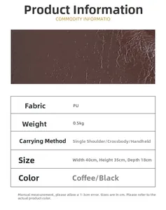 Detailed size chart and specifications for large capacity vintage PU leather tote bag