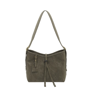Retro olive green faux leather tote bag with long tassel and gold metal hardware