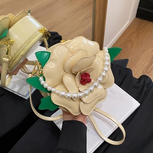 Stereoscopic Flower Shape Shoulder Bag PU Leather Artificial Pearl Handle Camellia Rose Floral Crossbody Handbag For Women Elegant
