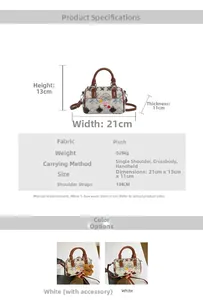 Detail view of plush cow print Boston bag with dimensions 21x13x11cm and strap specs