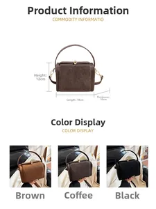Detailed size specifications for the vintage square handbag in brown, coffee, and black