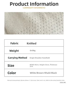 Detailed spec sheet for knit shoulder bag with sizing, weight and color variants