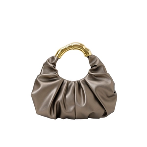 Metallic bronze pleated cloud handbag with golden bamboo-texture ring handle