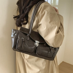 Minimalist coffee brown PU leather tote bag with silver lock for daily commuting