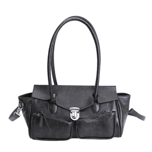 Retro black leather tote bag with silver metal lock and double shoulder straps