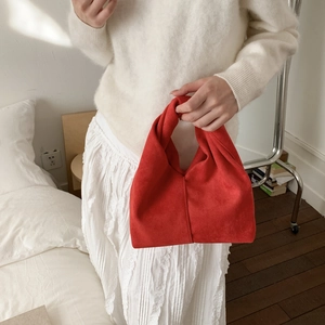 Fashionable red suede handbag with pleated design and knot handle for women