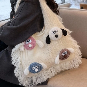 Knitted Shoulder Bag Tote Large Capacity Fringe Tassel Trim Cartoon Dog Plush Patch Cute Casual Y2K Handbag For Women