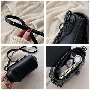 Detail shots of black crossbody bag showing chain strap, hardware, and interior capacity