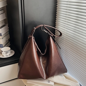 Large Capacity Tote Bag Vintage Glossy Wrinkled PU Leather Hobo Shoulder Bag For Women Commute Niche Design