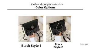 Detail view of two black PU leather fringe crossbody bags with chain straps and ring accents