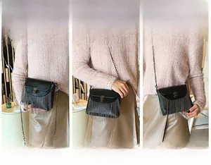 Three-way styling guide for black PU crossbody bag with metal chain tassels and strap