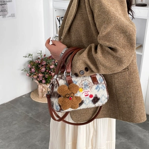 Brown fuzzy floral Boston bag with teddy bear charm and brown leather handles