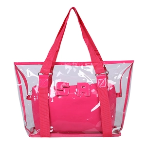 Sac de plage en PVC transparent avec pochette rose et anses en tissu robuste