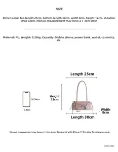 Tableau des tailles du sac rose en PU montrant les mesures et comparaison iPhone 17 Pro