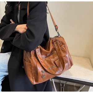Women Vintage Large Capacity Tote Bag PU Leather Multi Pocket Rivet Retro Shoulder Crossbody Casual Travel Handbag