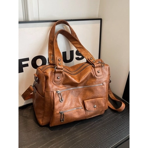 Caramel brown vintage tote bag with multi-pockets and detachable shoulder strap