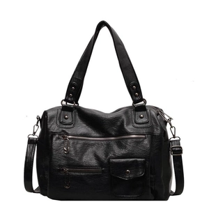 Classic black PU leather tote bag with multiple pockets and detachable shoulder strap