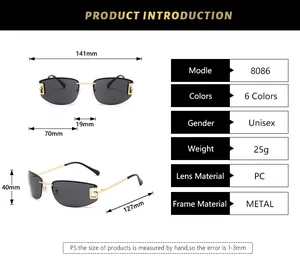 Detailed size chart and technical specifications for rimless fashion sunglasses model 8086