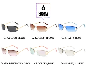 Six colors of rimless sunglasses with G-shaped metal hinge detail and slim temples