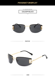 Detail of rimless sunglasses with gold G metal buckle and tinted gray lenses
