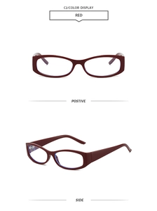 Detail view of retro square red glasses frame showing front and side profile angles