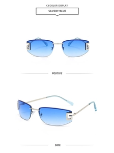 Detailed views of rimless sunglasses with blue gradient lenses and silver G-shaped temple