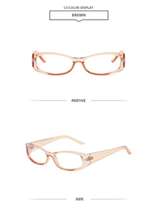Detail view of stylish brown square frame glasses showing front and side profile