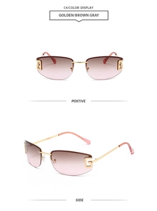 Detail of rimless gradient sunglasses with gold metal G logo and pink temple tips