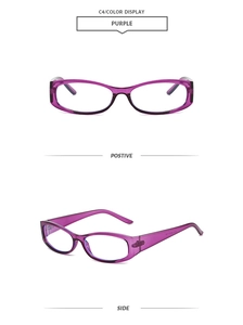 Detail view of purple transparent square glasses frame from front and side angles