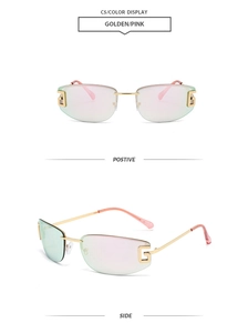 Detail view of rimless gradient sunglasses with gold metal G logo and pink lenses