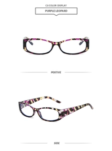 Detail view of purple leopard print square glasses frames from front and side angles