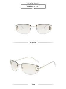 Detailed view of silver frameless sunglasses with G-shape metal镂空 hinge design