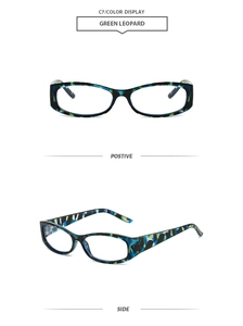 Detail view of green leopard print square glasses frames from front and side angles