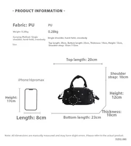 Detaillierte Größentabelle für schwarze PU-Leder Boston Tasche mit Sternennieten