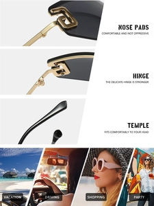 Detailed views of rimless sunglasses with gold maze hinges and lifestyle usage scenes