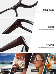 Detail view of reinforced hinges, nose pads, and ergonomic temples of square eyewear