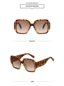 Front and side view of square leopard print sunglasses with gold metal temple details