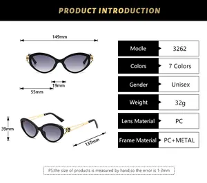 Detailed dimension chart showing frame width and lens height for cat eye sunglasses