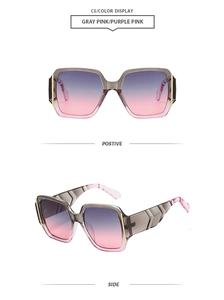 Detail view of square sunglasses with grey-pink gradient frames and purple gradient lenses