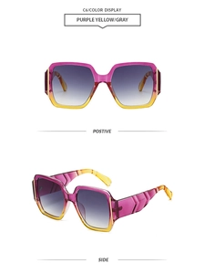 Detail view of square gradient purple yellow sunglasses with side and front perspectives