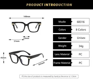 Detailed technical size chart for square frame glasses with dimensions and PC material specs